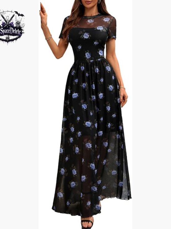 Dresses & Skirts - Mesh Maxi Dress with High Slit, Floral Print, Short Sleeve, High Waist